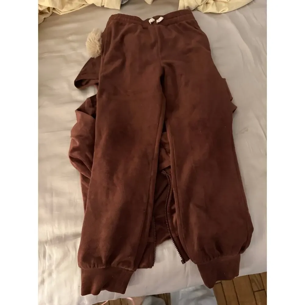 Tea collection brown velour zip hoodie and pants outfit size 7
